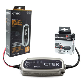 CTEK MXS 5.0 front view showing compact sealed housing and LED indicators for safe charging
