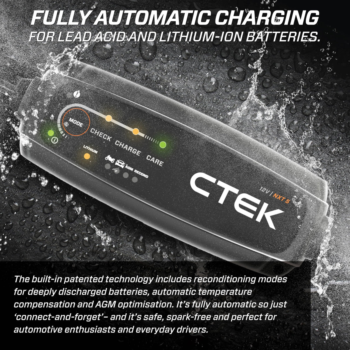 CTEK NXT 5 in a garage lifestyle scene showing convenient everyday use benefit