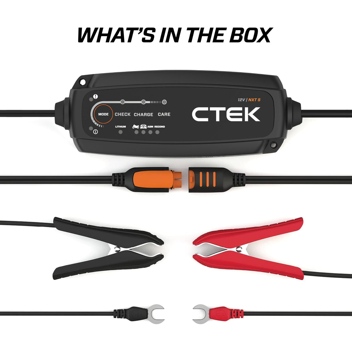 CTEK NXT 5 mounted on a car battery demonstrating tidy permanent fit benefit