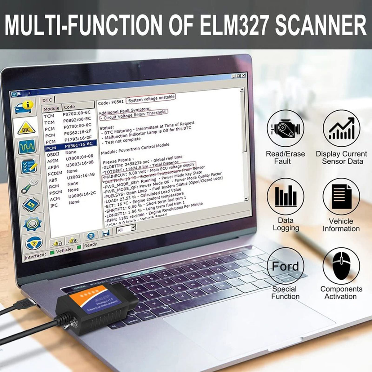 CTobd Elm327 USB label and MS/HS CAN switch detail demonstrating protocol selection benefit