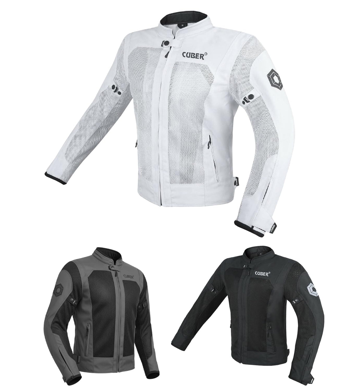 CUBER front view white jacket showing ventilation and fit benefits