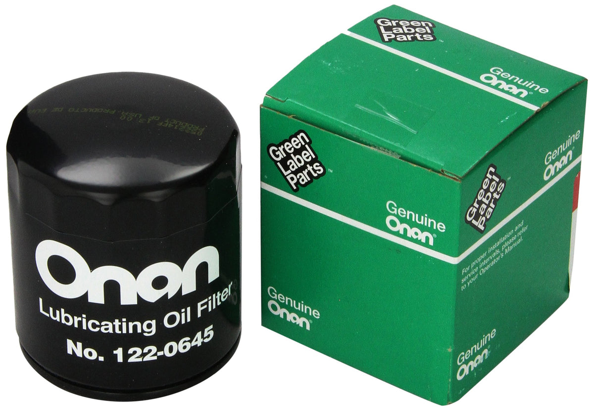 Cummins Onan oil filter front view showing label and fit for easy identification