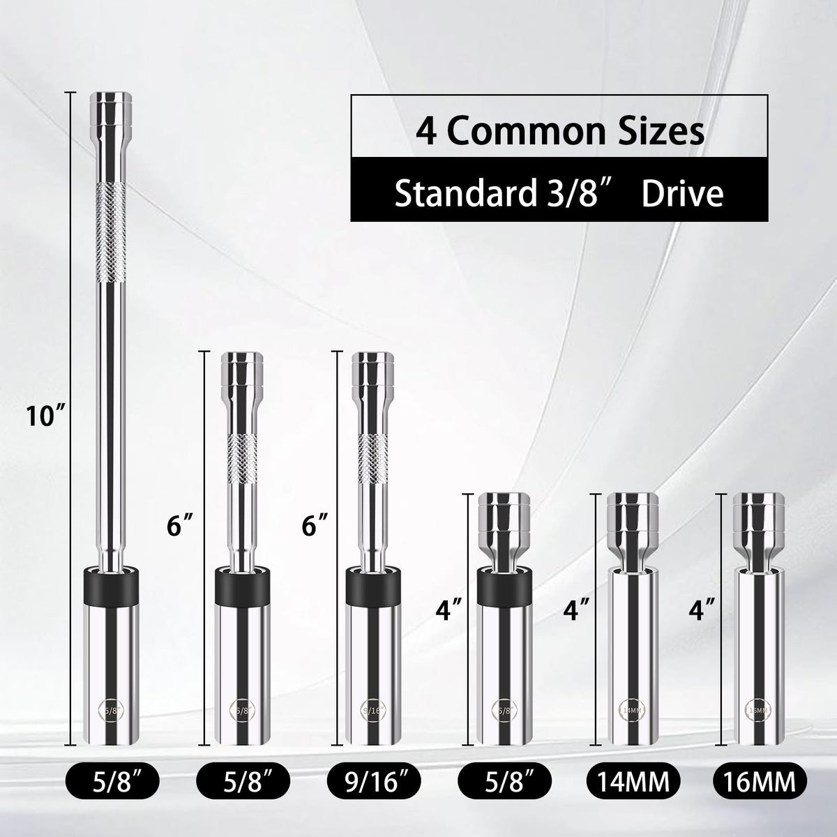 Cupbunny sockets lined up to show 9/16 5/8 14mm 16mm sizes for versatile use