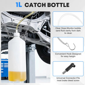 Cupbunny 1L waste bottle hanging from vehicle collecting fluid to keep workspace clean