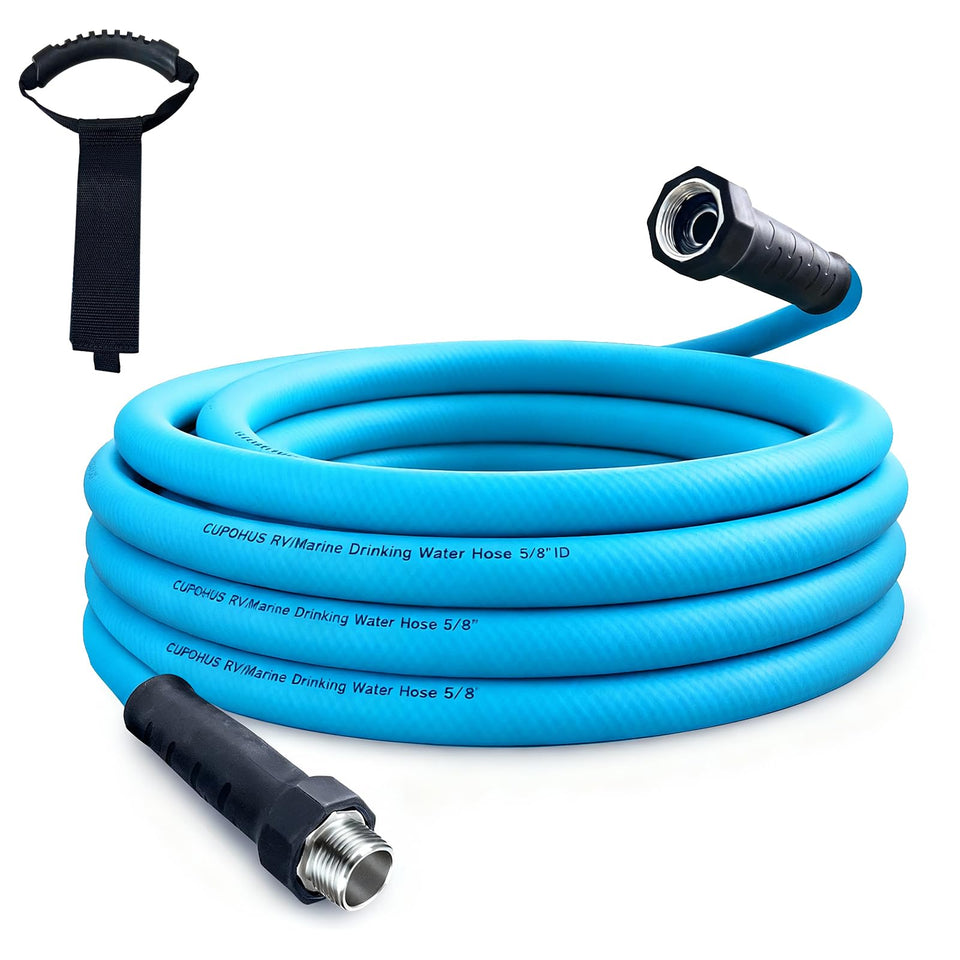 Cupohus front packaging showing 25FT potable hose and benefits
