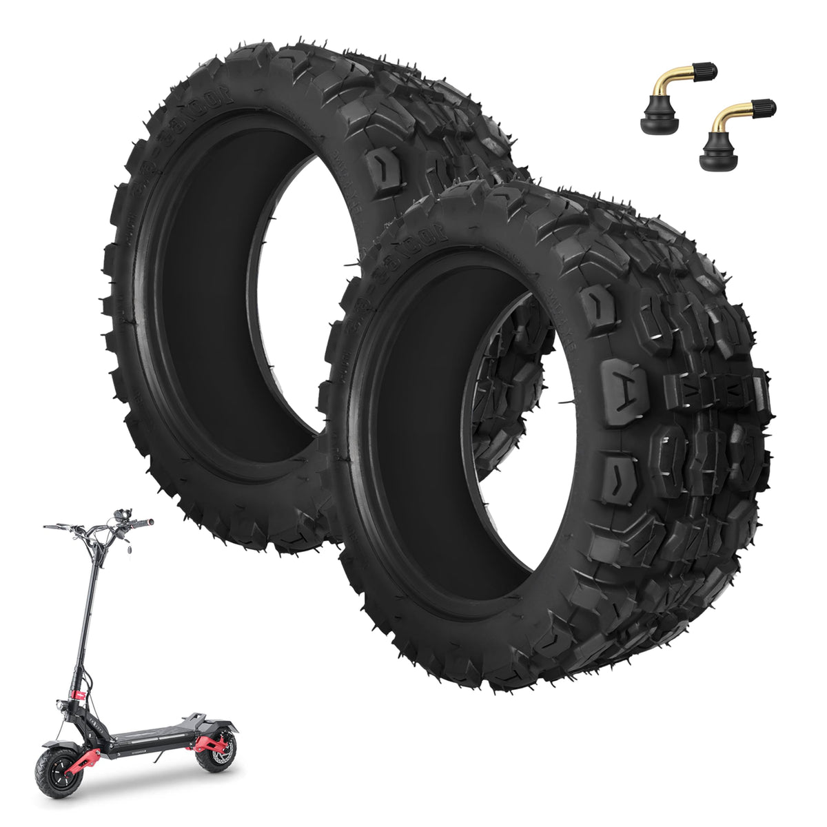 CuraceQ front view showing tire pair and included valve stems, durable fit