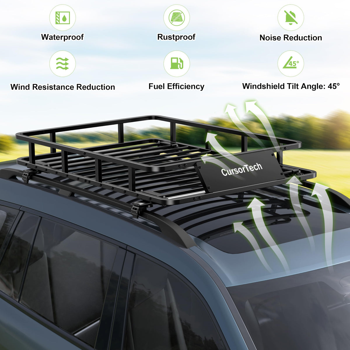 CursorTech roof basket mounted on SUV demonstrating secure vehicle fitment