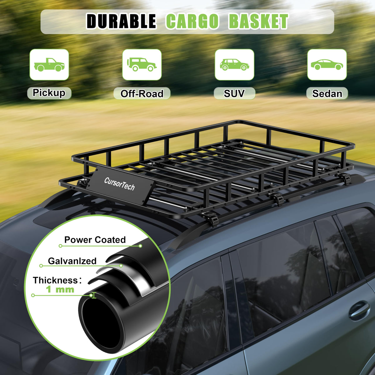 CursorTech basket beside a person and suitcase showing scale and generous capacity benefit