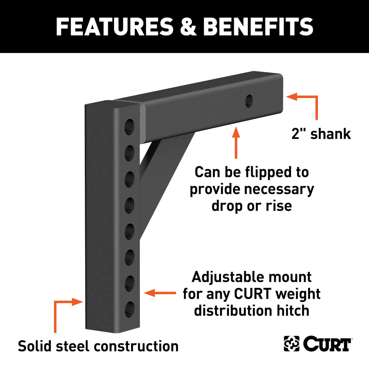 CURT 17120 flipped to rise position demonstrating adjustable head height