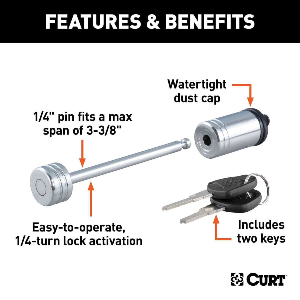 CURT barbell pin detail showing robust pin and tamper-resistant design