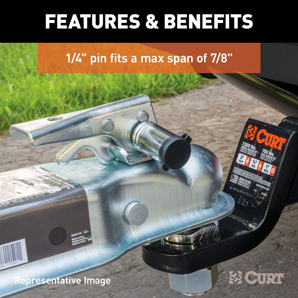 CURT lock installed on trailer coupler demonstrating secure locked connection