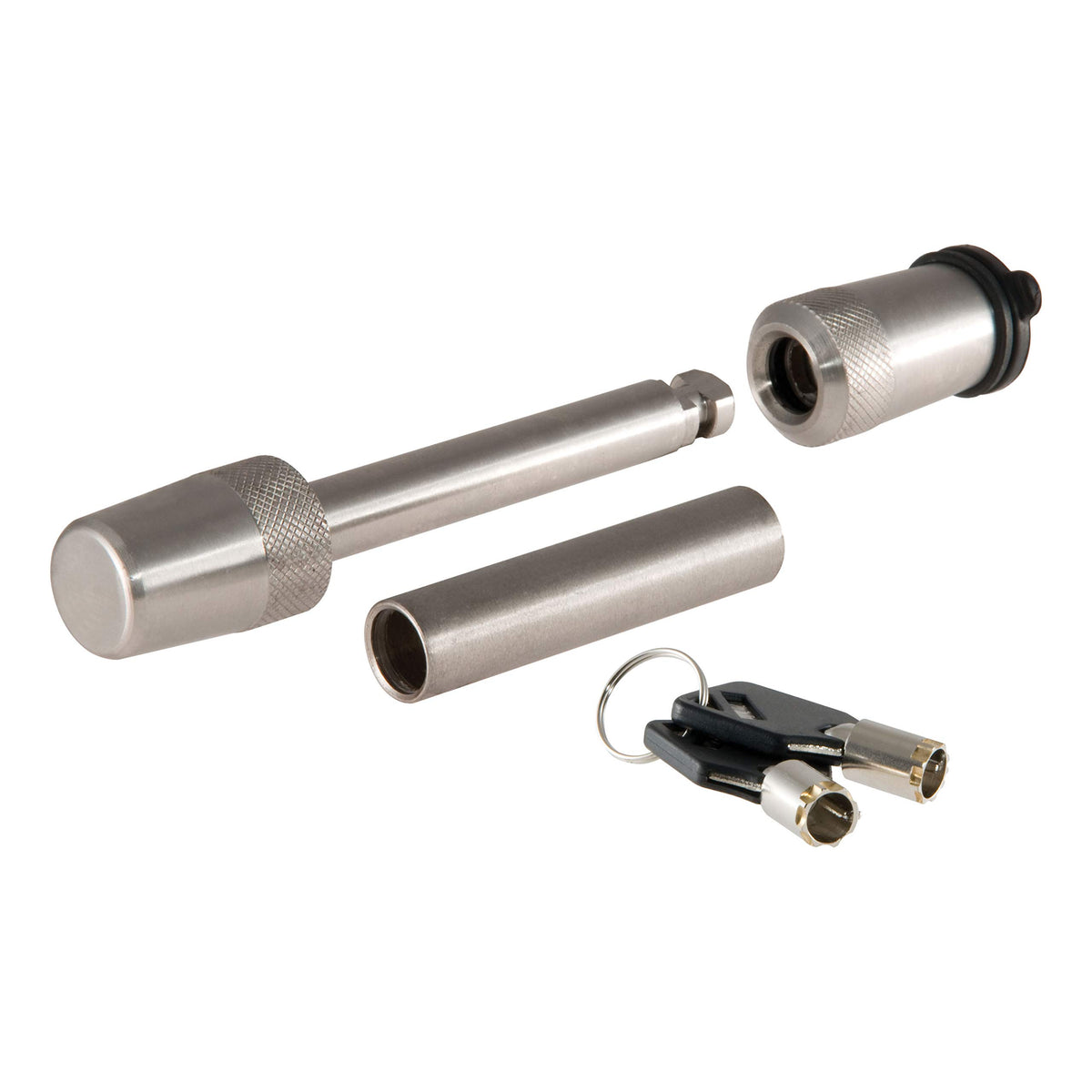 CURT 23580 front view showing barbell lock securing hitch for theft deterrence