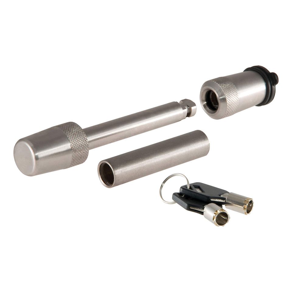CURT 23580 front view showing barbell lock securing hitch for theft deterrence
