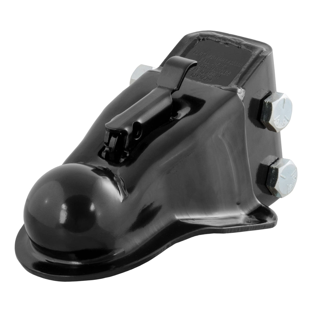 CURT coupler front view showing robust cast body and clean finish for secure towing