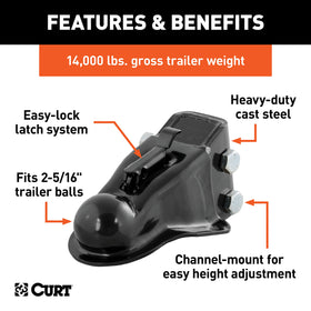 CURT coupler side profile mounted on channel illustrating adjustable height benefit