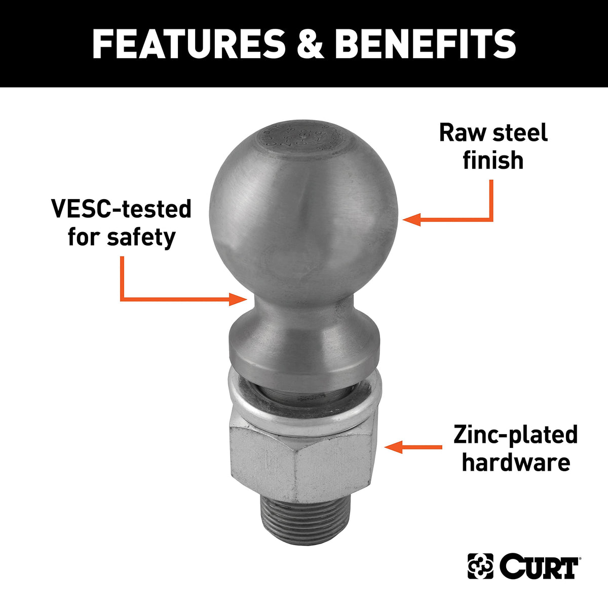 CURT hitch ball installed on ball mount demonstrating dependable towing connection