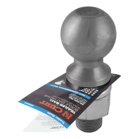 CURT hitch ball beside ruler for scale showing precise shank size and fitment