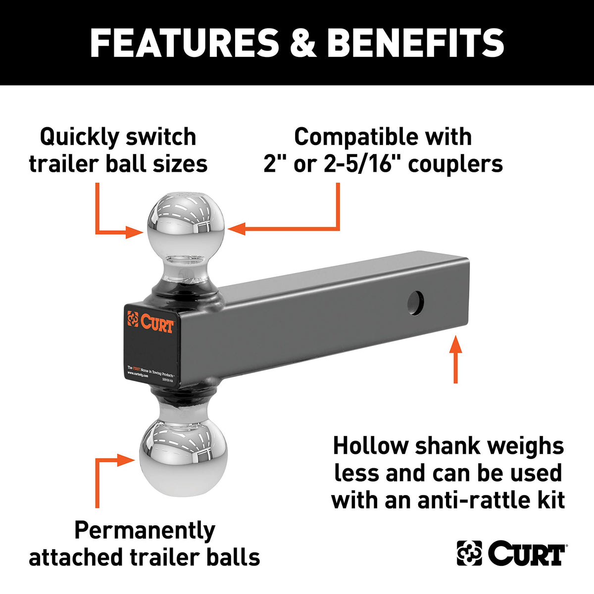 CURT 45002 shank hollow detail showing anti-rattle kit compatibility benefit