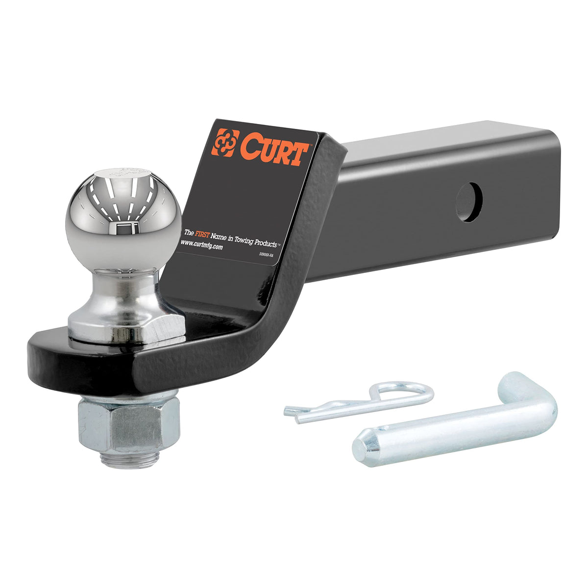 CURT front view of loaded ball mount showing complete assembly and ready-to-tow benefit