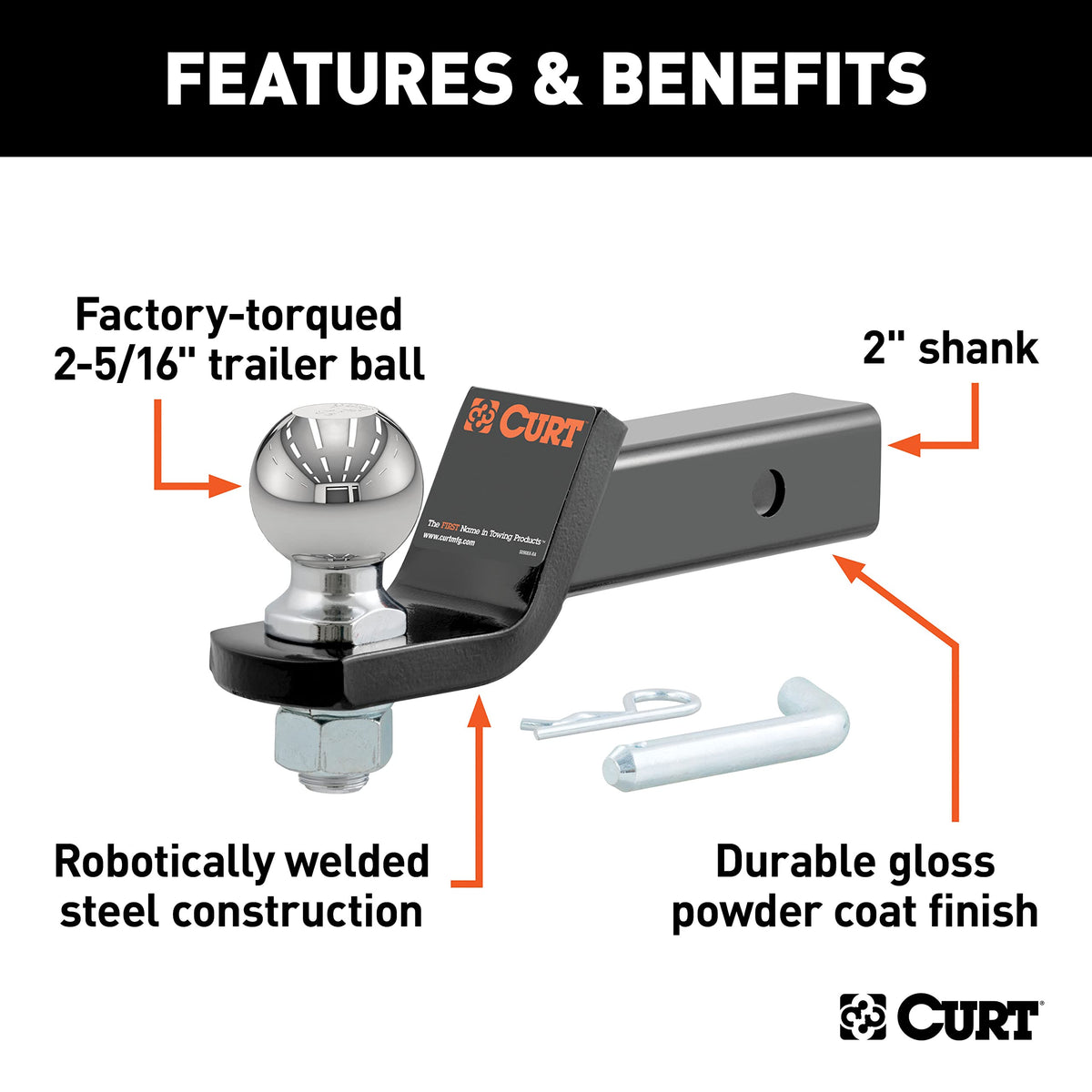 CURT detailed view of 2x2 shank and gloss black powder coat for long-lasting protection