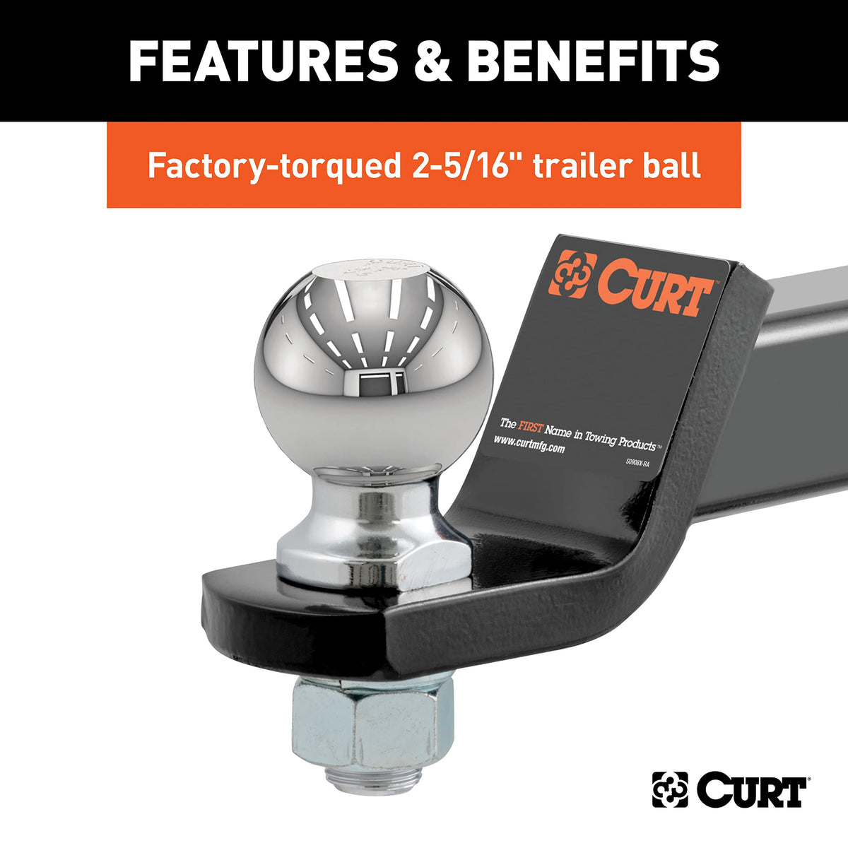 CURT ball mount next to measuring tape showing 8-1/4 inch length and 2 inch drop