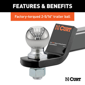 CURT ball mount next to measuring tape showing 8-1/4 inch length and 2 inch drop