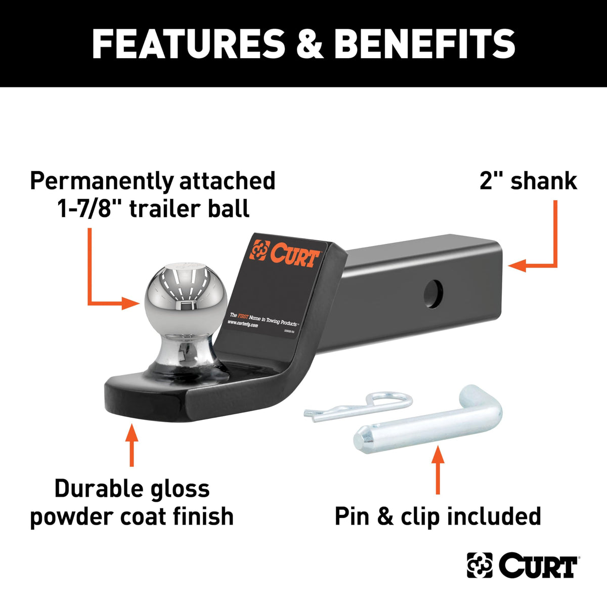 CURT side profile showing 7.5 inch length and 2 inch drop for proper leveling