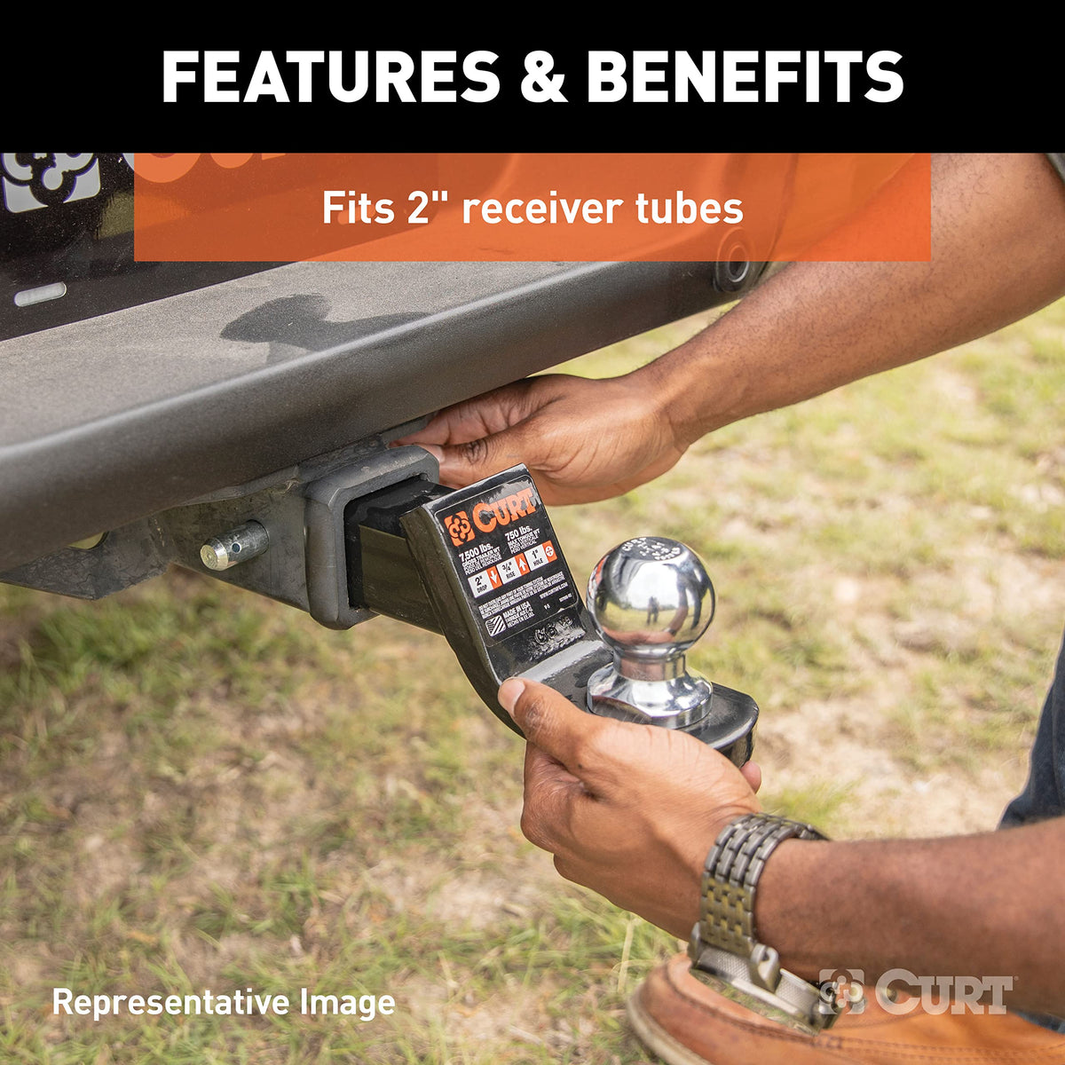 CURT shank inserted into 2-inch receiver with pin and clip ensuring fast secure installation
