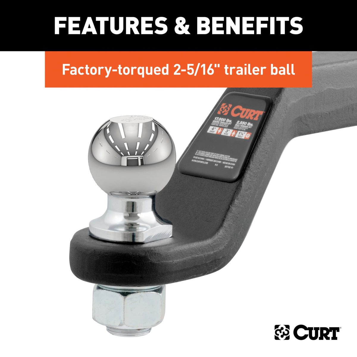 CURT shank and hitch pin detail showing secure 2 inch receiver fit