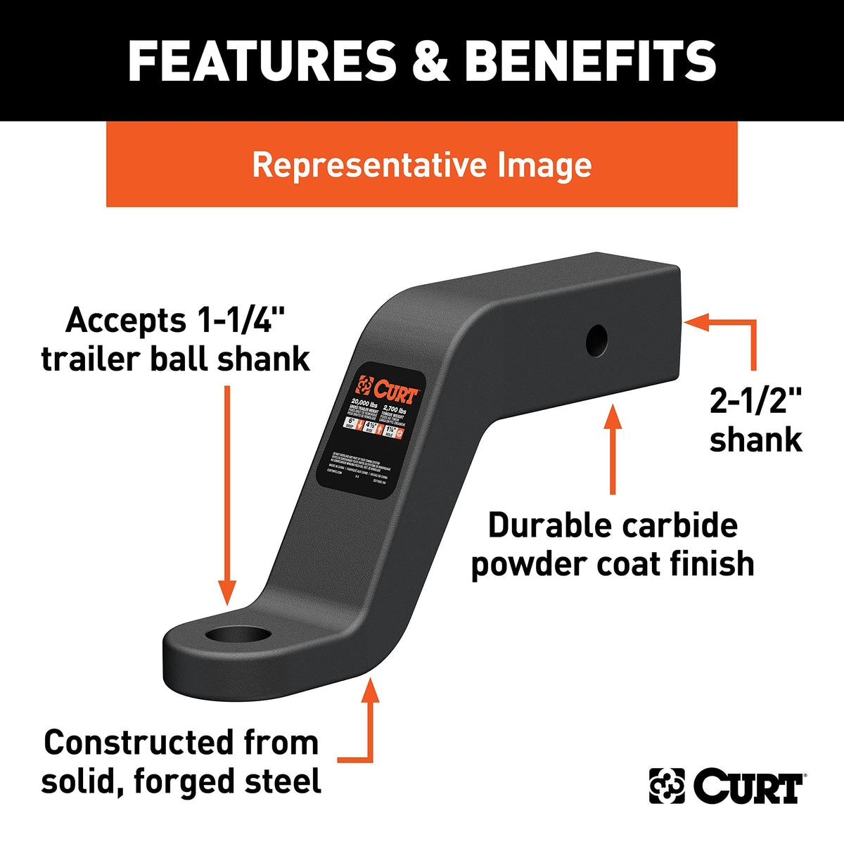 CURT ball mount carbide powder-coat finish protecting against corrosion