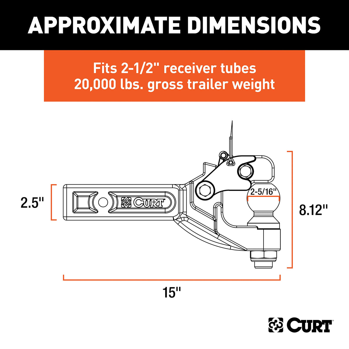 CURT close-up pintle hook detail with locking arm, secure heavy-duty coupling