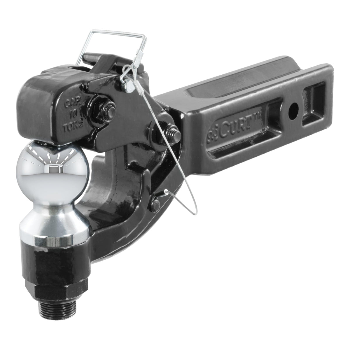 CURT front view combo hitch showing dual pintle and ball, durable towing solution