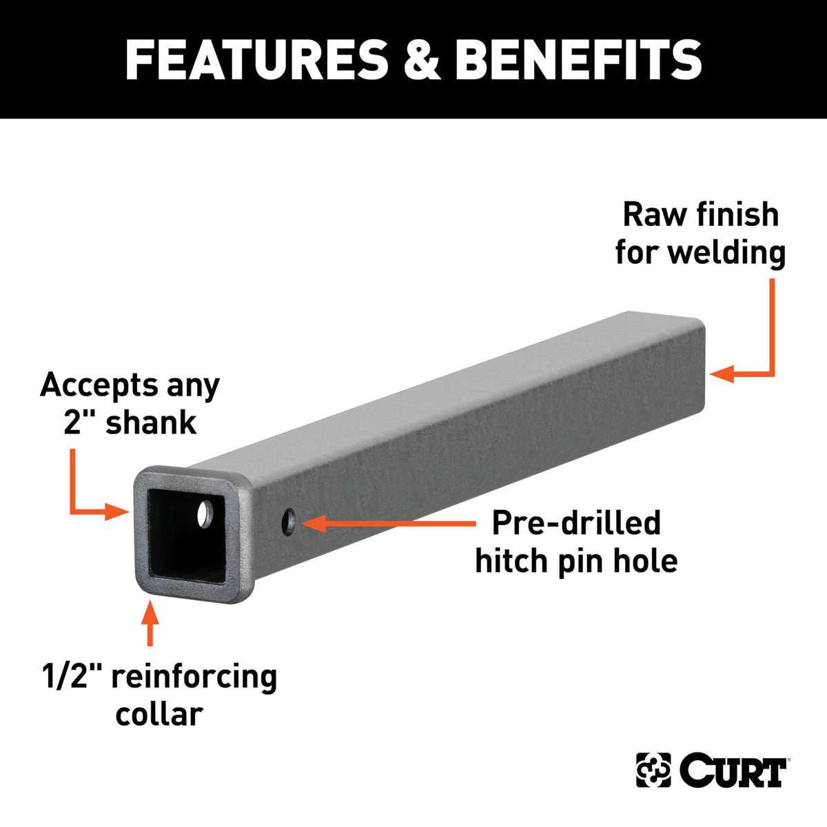 CURT end view displaying pre-drilled hitch pin hole for secure pin placement and alignment