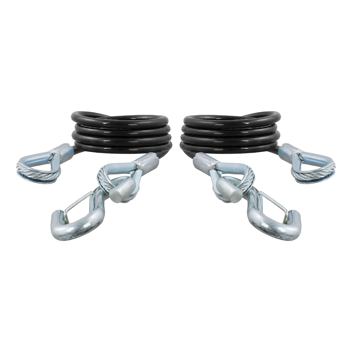 CURT front packaging showing two vinyl-coated safety cables and product labeling for easy identification and protection