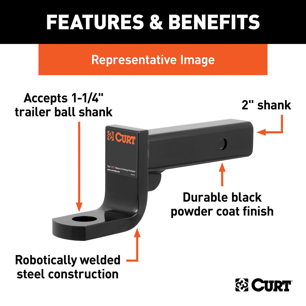 CURT ball mount shank detail with hollow shank for anti-rattle benefit