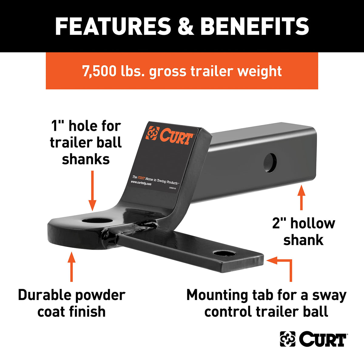 CURT trailer ball platform closeup showing 1" hole and secure towing interface