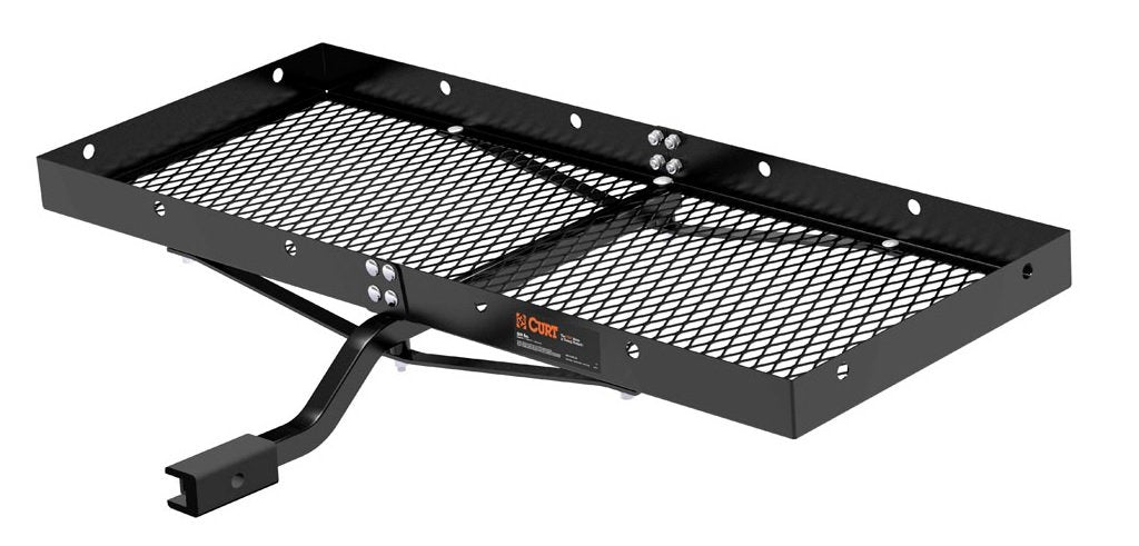 CURT cargo carrier front view showing tray and shank, clear extra storage