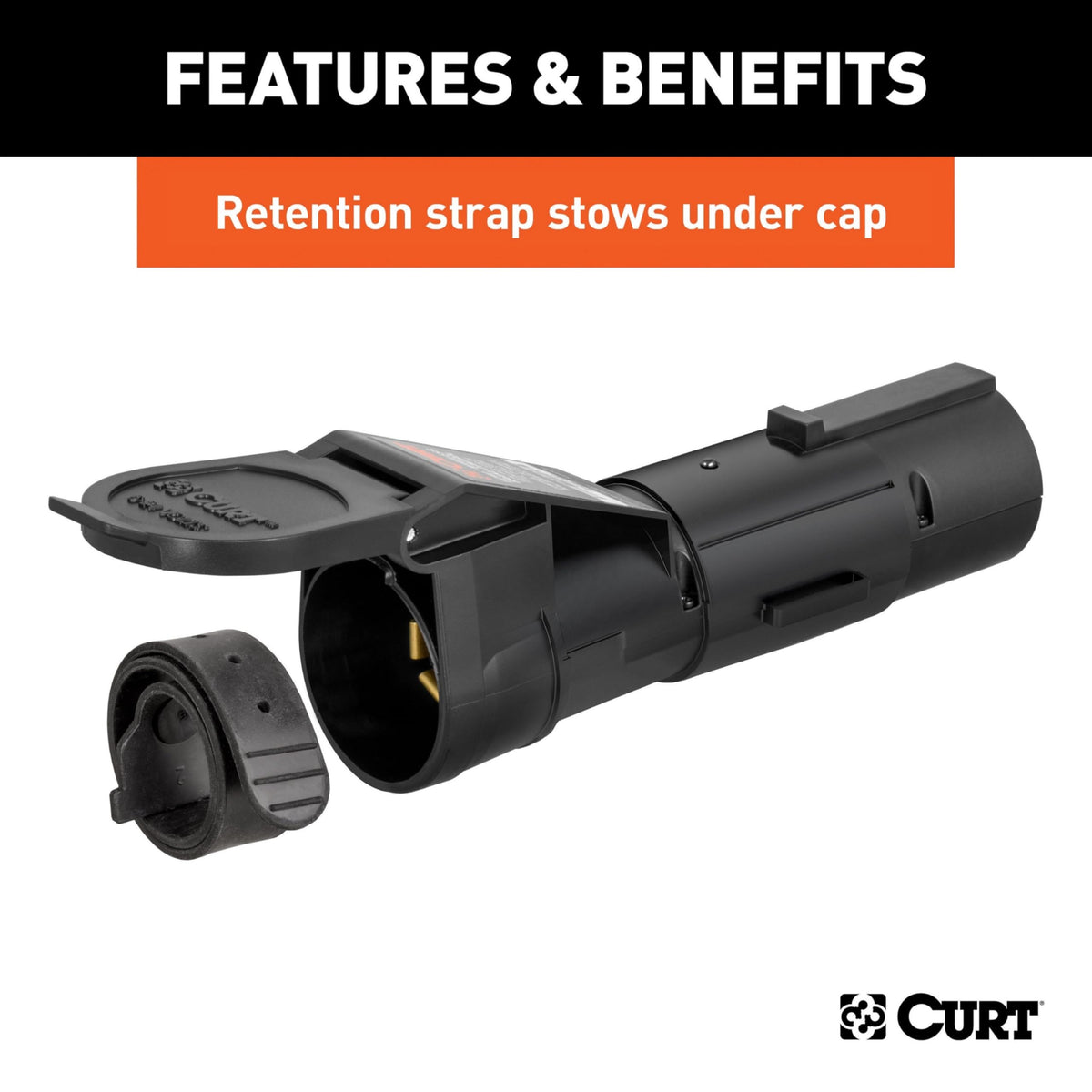 CURT Echo connector and retention strap detail for secure, vibration-resistant fit