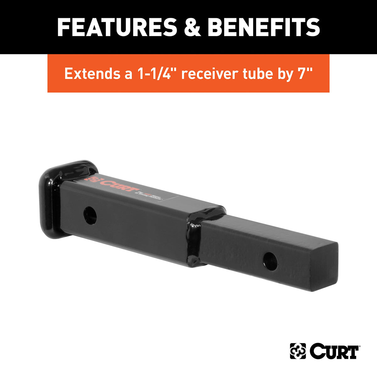 CURT extender beside tape measure showing 7 inch extension for clear spacing