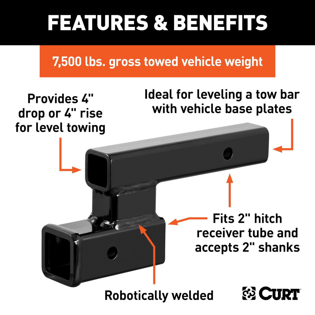 CURT side profile showing 4 inch drop or 4 inch rise adjustment benefit