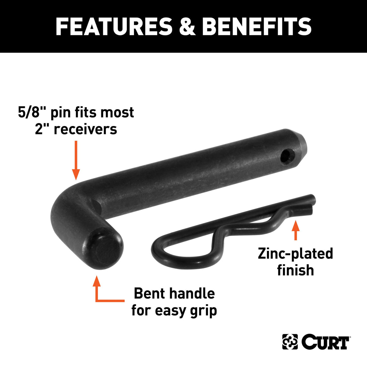 CURT hitch pin black zinc finish close-up resisting rust and corrosion
