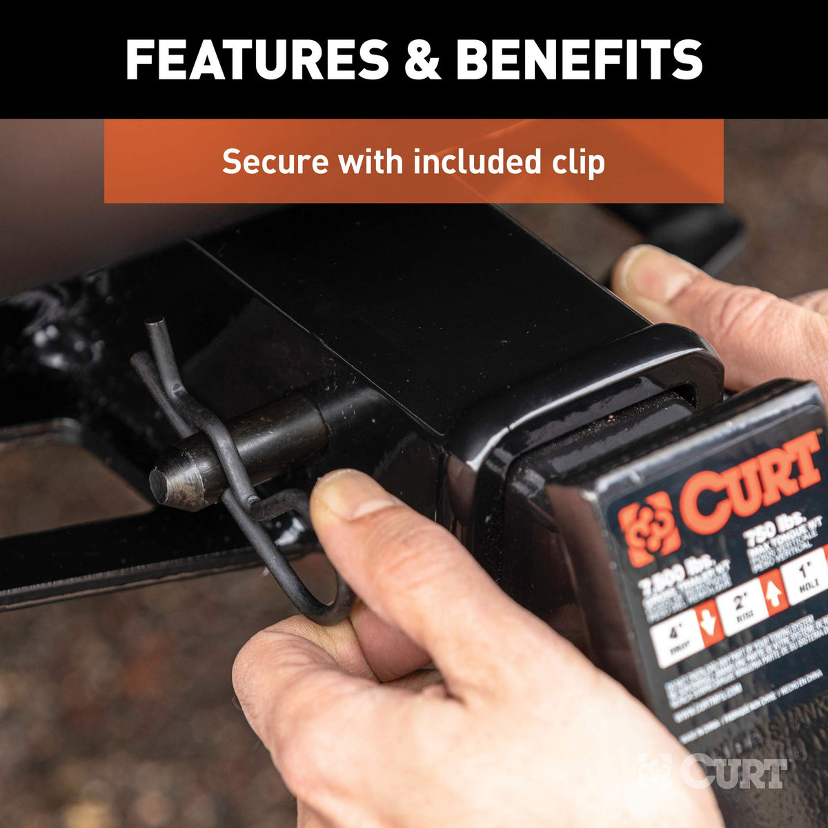 CURT hitch pin installed on ball mount demonstrating secure attachment
