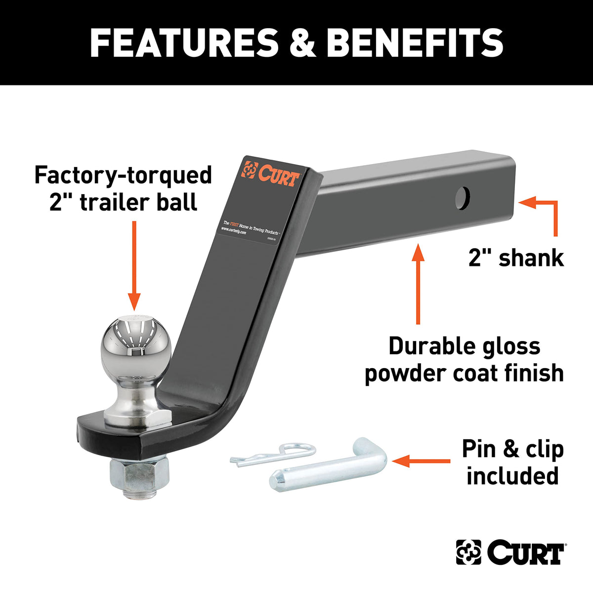 CURT closeup of factory-torqued 2-inch ball showing secure attachment and safety