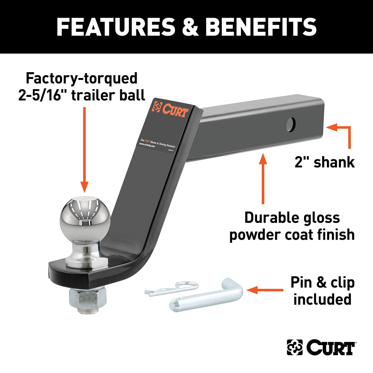 CURT hollow 2" shank detail highlighting reduced weight and anti-rattle use