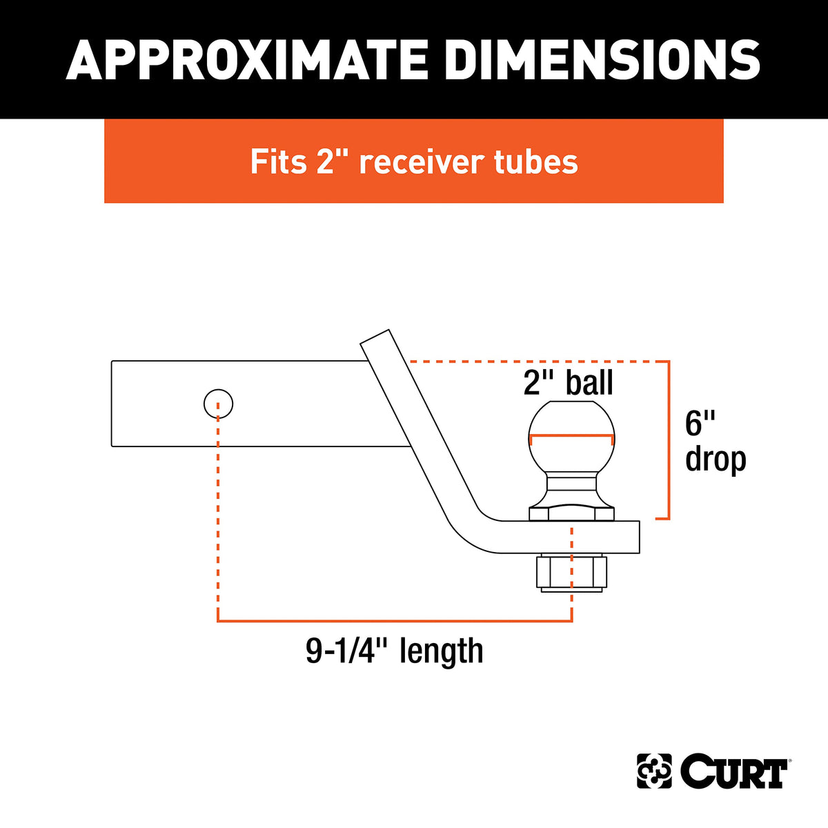 CURT loaded ball mount side view highlighting the 6-inch drop and leveling benefit