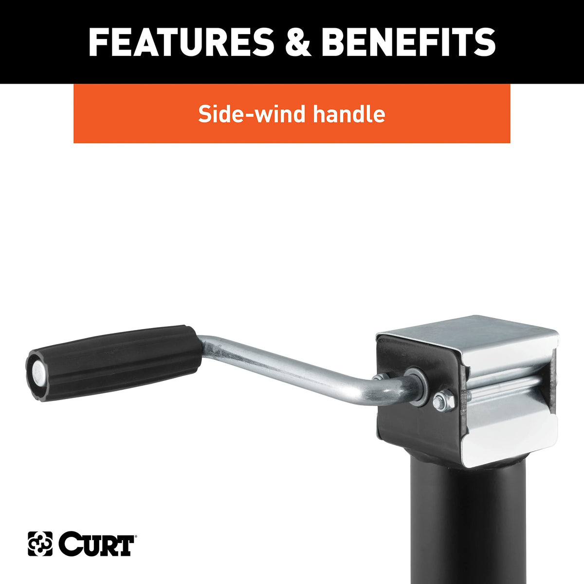 CURT jack mounted on trailer showing compact stowage and clearance