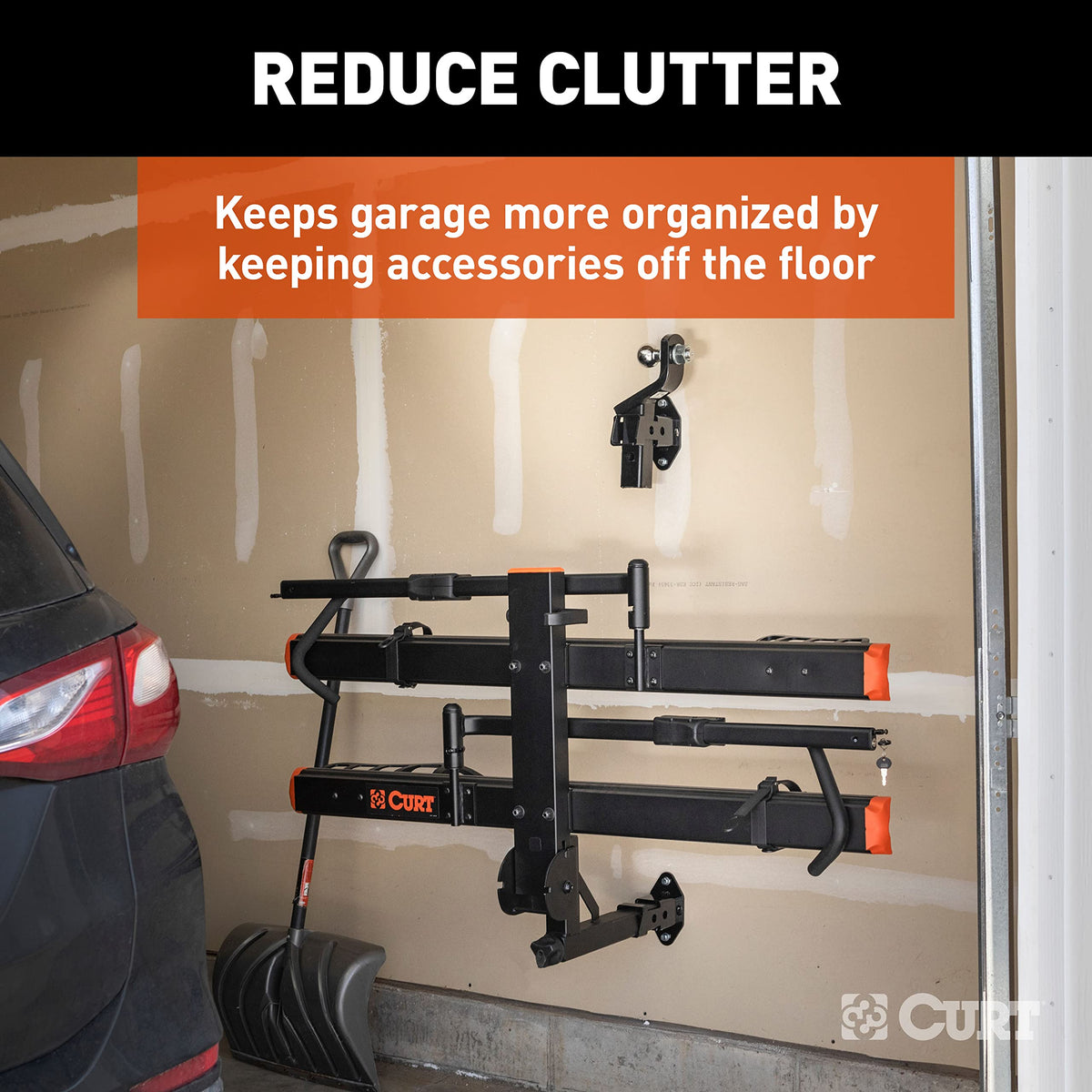 CURT mounted vertically holding a bike rack showing versatile storage orientation and protection