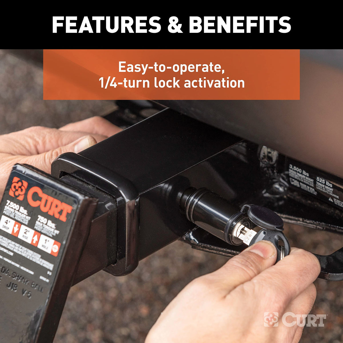CURT installed on trailer hitch demonstrating theft-deterrent benefit