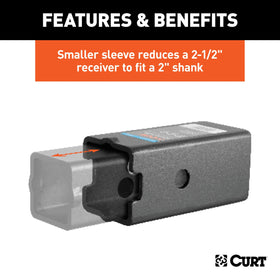 CURT sleeves alongside ruler showing dimensions and easy compatibility benefit