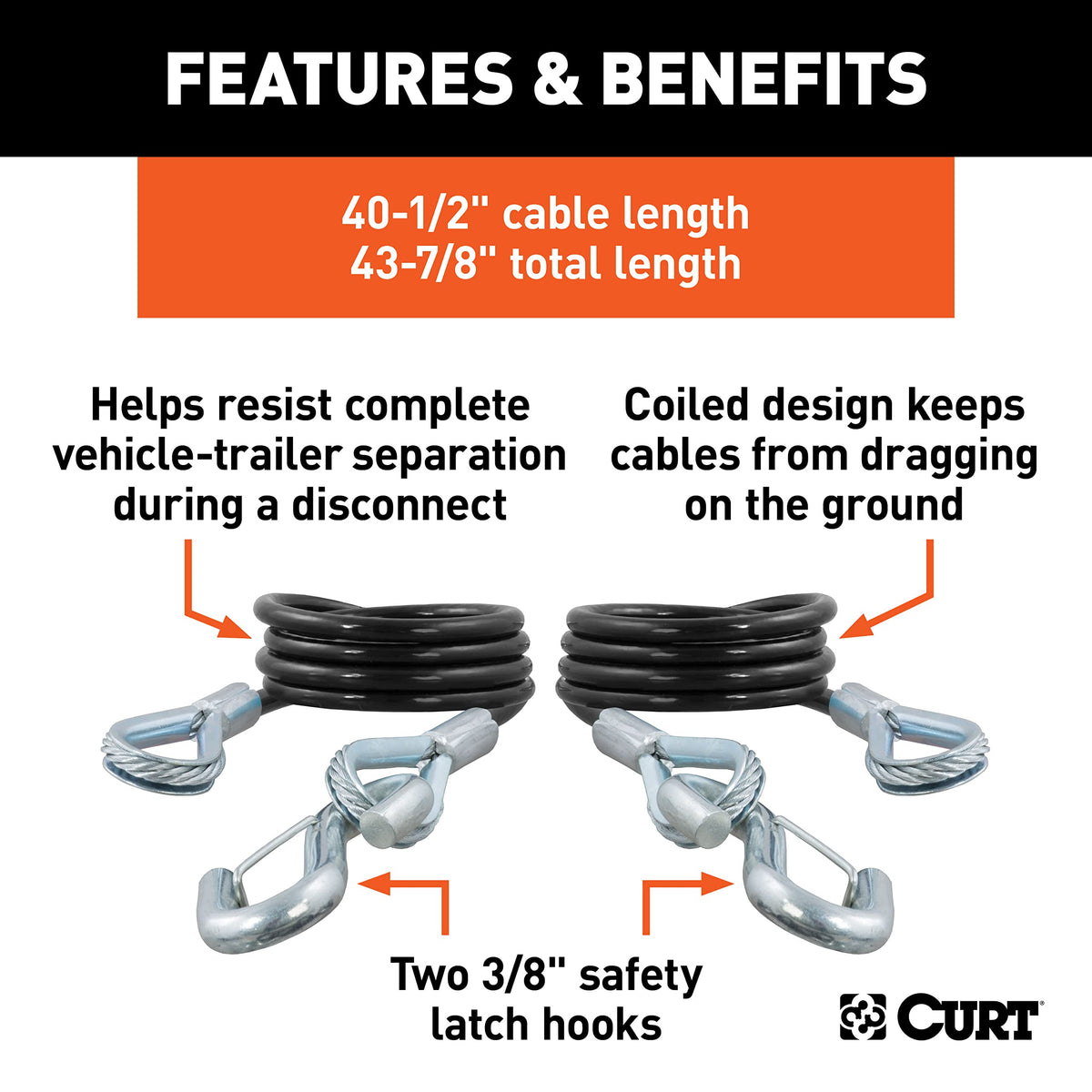 CURT 3/8-inch snap hook detail with spring-loaded latch demonstrating secure connection
